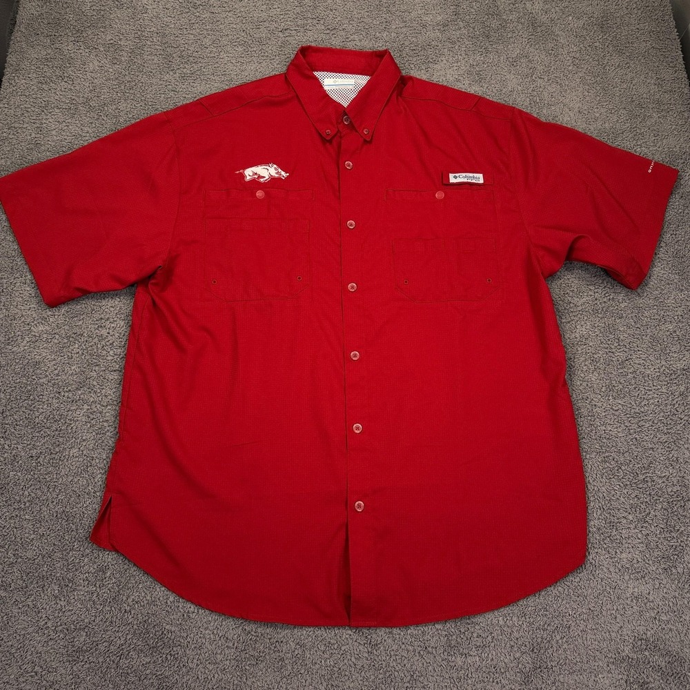 Arkansas Razorbacks Shirt Mens Large Red NCAA Columbia PFG Omni-Shade Football
